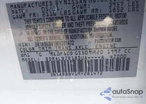 2021 Nissan Sentra S Xtronic Cvt from USA, damaged, VIN 3N1AB8BV1MY281472